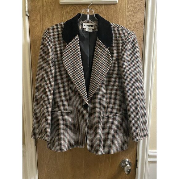 Vintage Joan Leslie Blazer Wool Blend Houndstooth Naturals Velvet Collar 6P - Picture 1 of 15